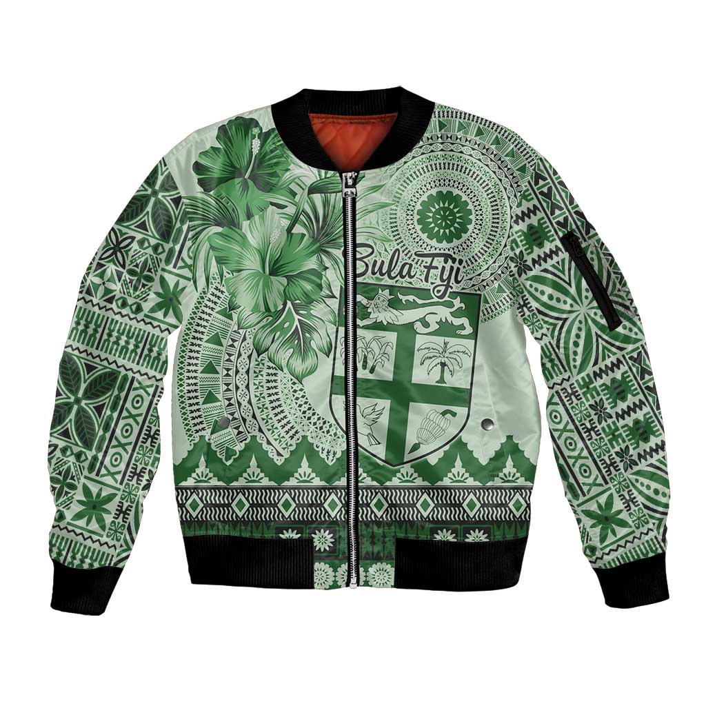 Vintage Bula Fiji Personalised Sleeve Zip Bomber Jacket Green Hibiscus Tapa Pattern LT9 Unisex Green - Polynesian Pride