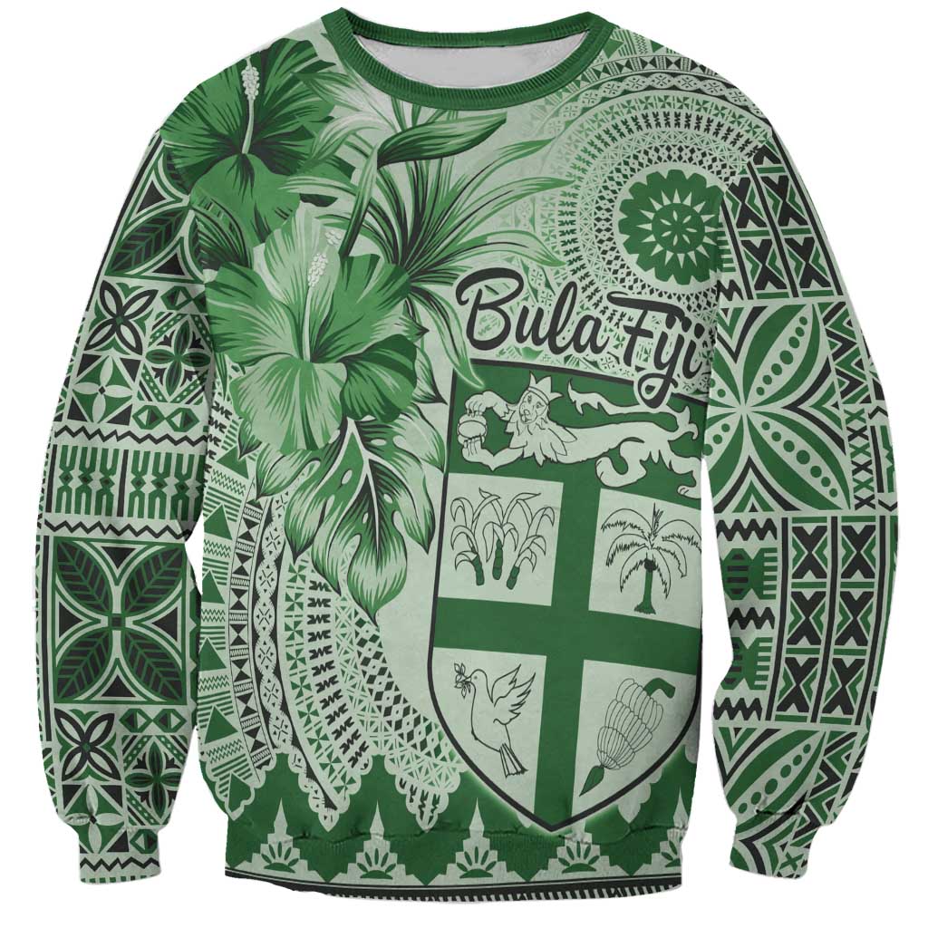 Vintage Bula Fiji Personalised Sweatshirt Green Hibiscus Tapa Pattern LT9 Unisex Green - Polynesian Pride