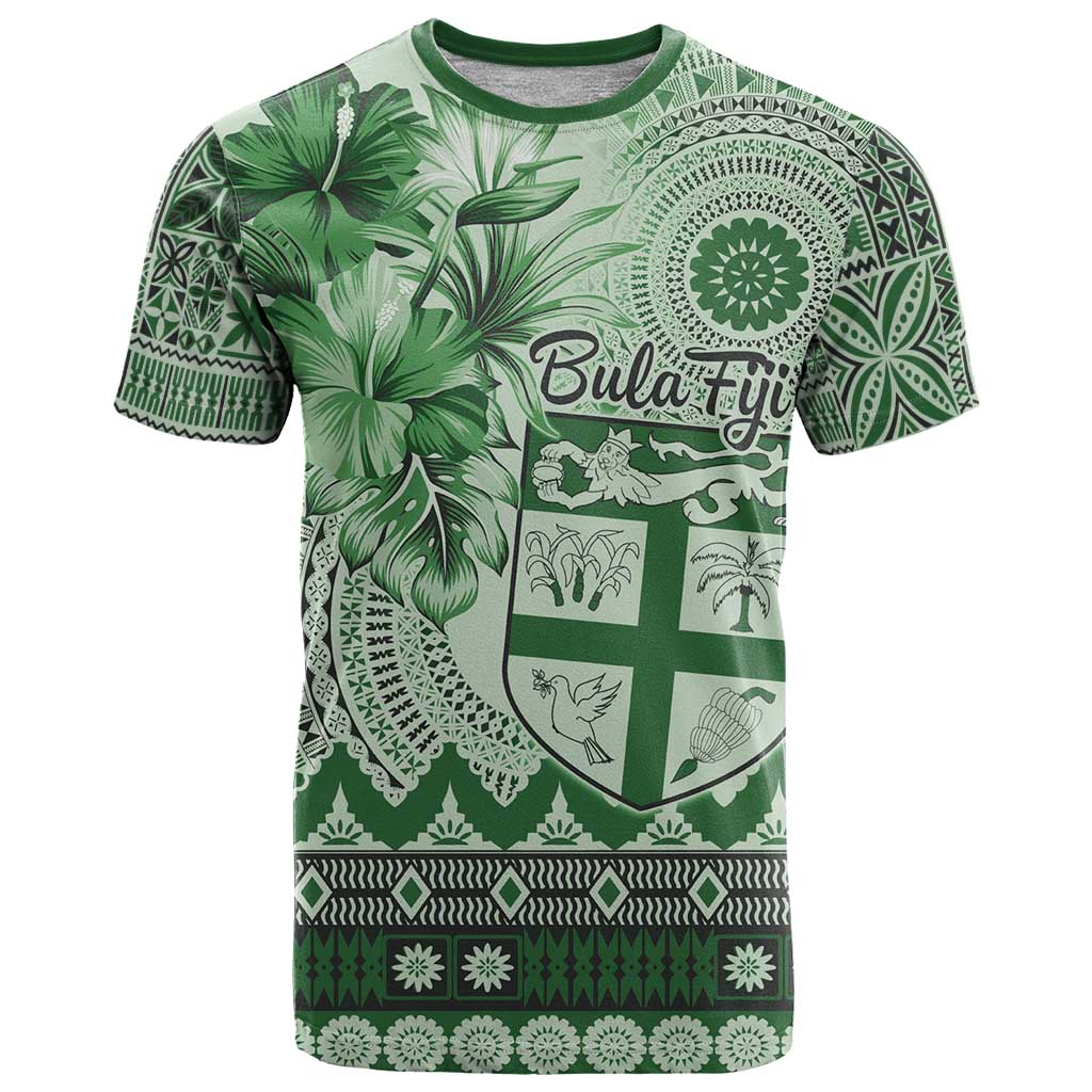 Vintage Bula Fiji Personalised T Shirt Green Hibiscus Tapa Pattern LT9 Green - Polynesian Pride