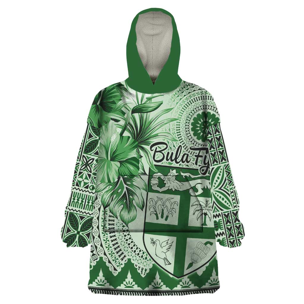 Vintage Bula Fiji Personalised Wearable Blanket Hoodie Green Hibiscus Tapa Pattern LT9 One Size Green - Polynesian Pride