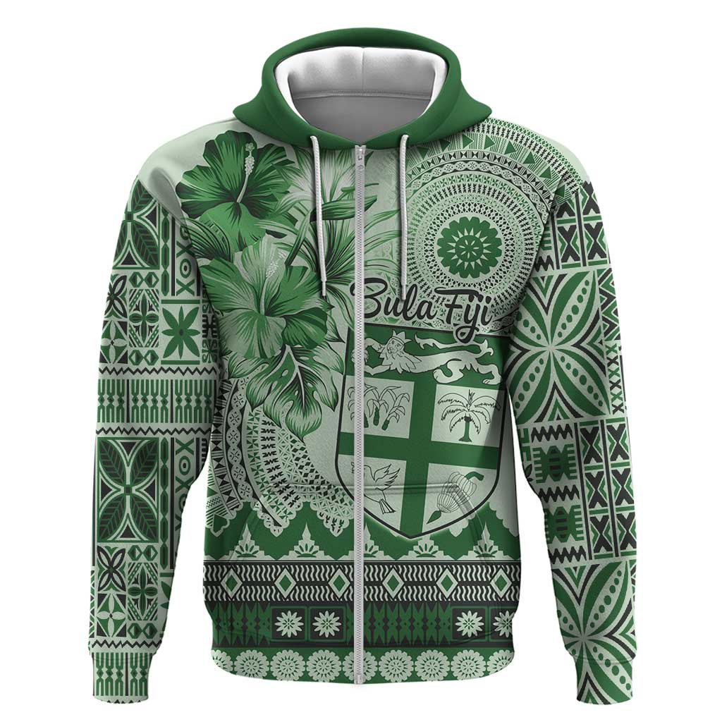 Vintage Bula Fiji Personalised Zip Hoodie Green Hibiscus Tapa Pattern LT9 Zip Hoodie Green - Polynesian Pride