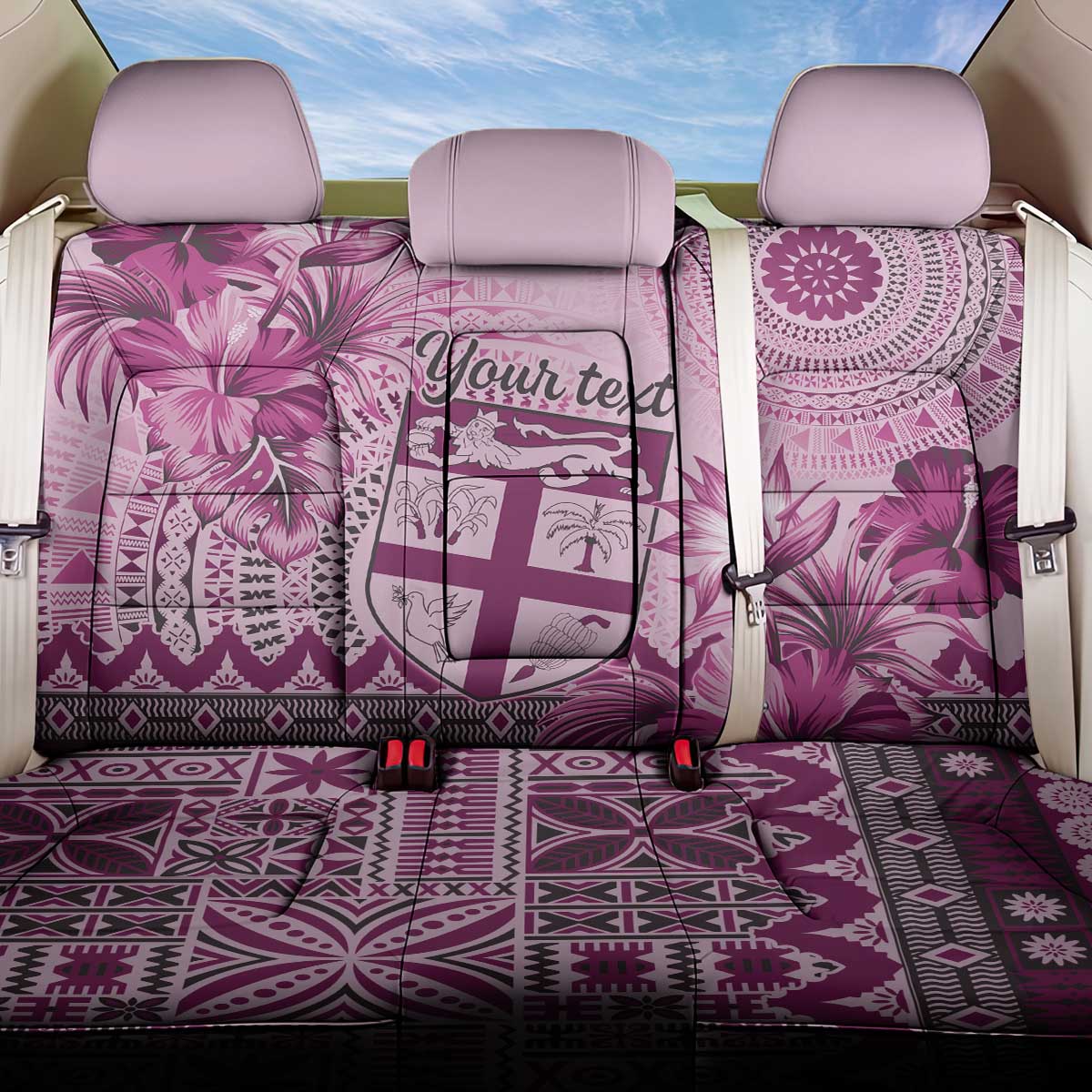 Vintage Bula Fiji Personalised Back Car Seat Cover Pink Hibiscus Tapa Pattern LT9 One Size Pink - Polynesian Pride
