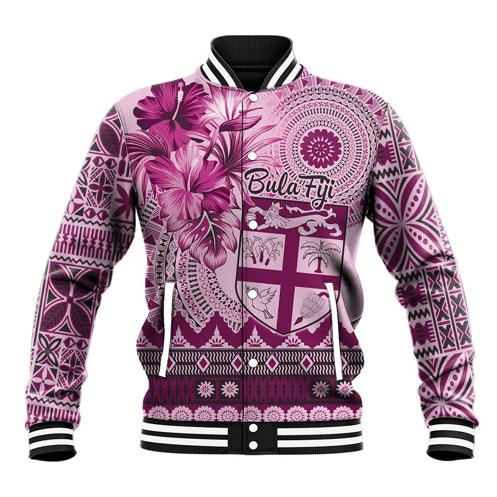 Vintage Bula Fiji Personalised Baseball Jacket Pink Hibiscus Tapa Pattern LT9 Unisex Pink - Polynesian Pride