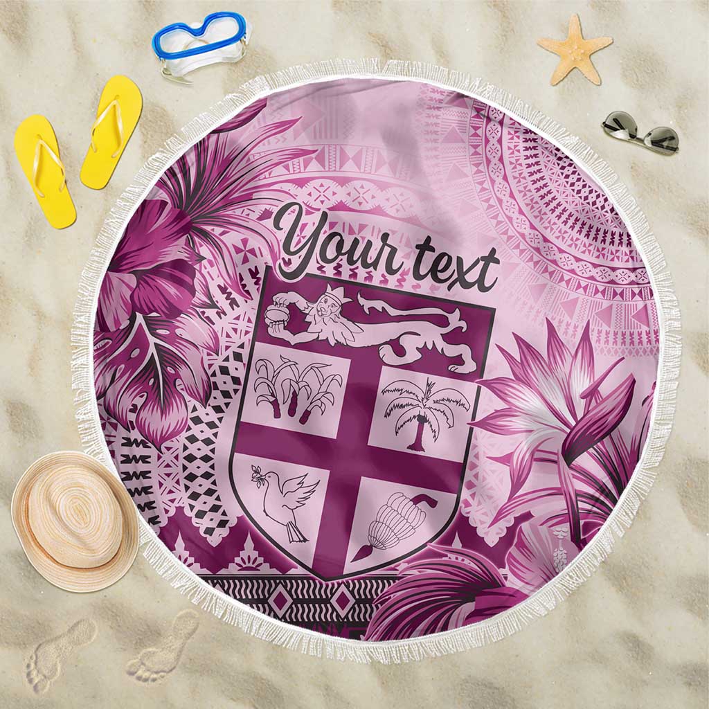 Vintage Bula Fiji Personalised Beach Blanket Pink Hibiscus Tapa Pattern LT9 One Size 150cm Pink - Polynesian Pride