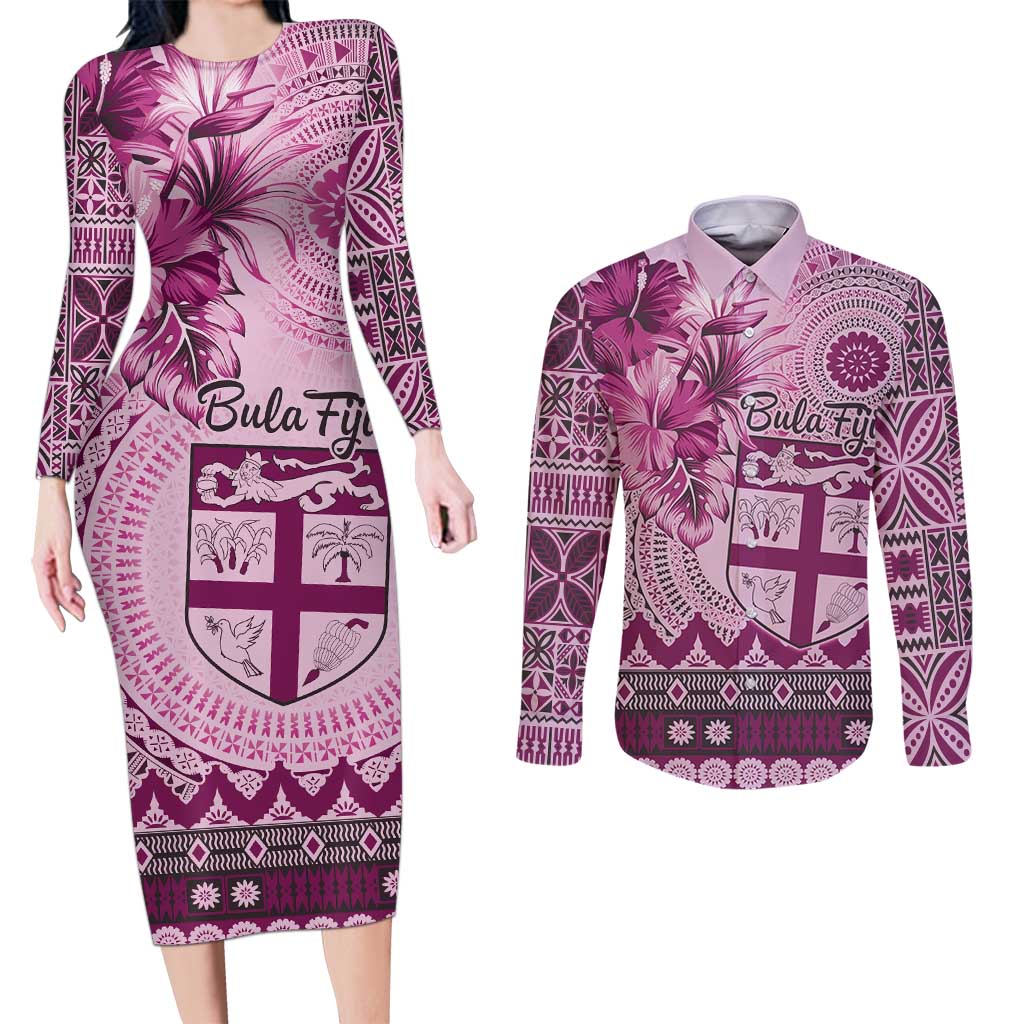 Vintage Bula Fiji Personalised Couples Matching Long Sleeve Bodycon Dress and Long Sleeve Button Shirt Pink Hibiscus Tapa Pattern