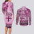 Vintage Bula Fiji Personalised Couples Matching Long Sleeve Bodycon Dress and Long Sleeve Button Shirt Pink Hibiscus Tapa Pattern