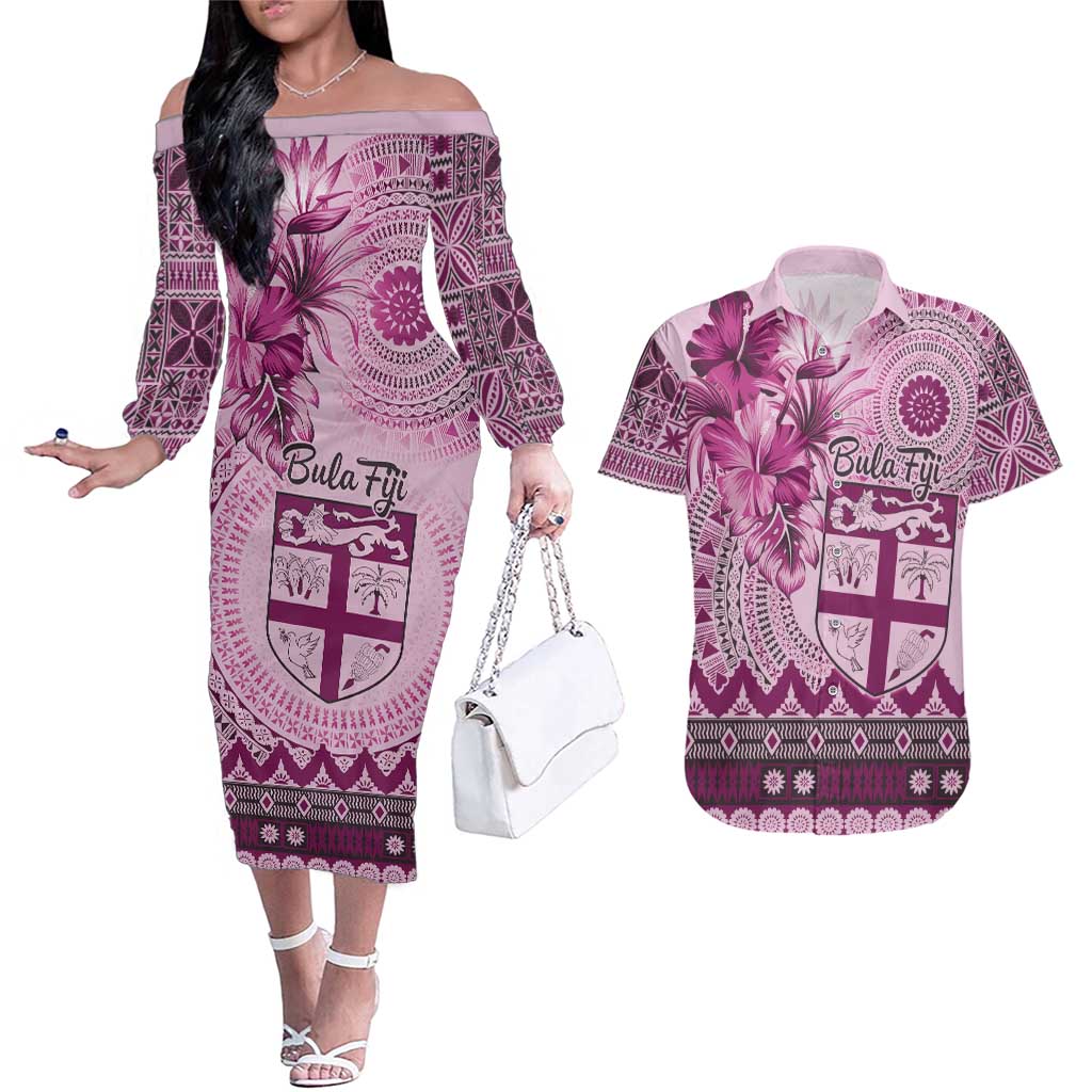 Vintage Bula Fiji Personalised Couples Matching Off The Shoulder Long Sleeve Dress and Hawaiian Shirt Pink Hibiscus Tapa Pattern