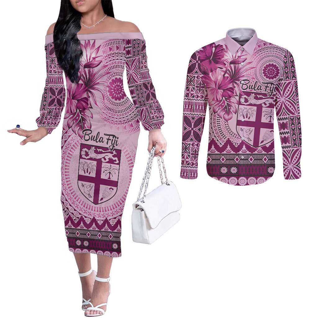 Vintage Bula Fiji Personalised Couples Matching Off The Shoulder Long Sleeve Dress and Long Sleeve Button Shirt Pink Hibiscus Tapa Pattern