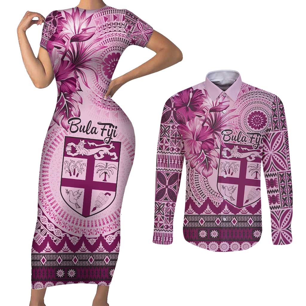 Vintage Bula Fiji Personalised Couples Matching Short Sleeve Bodycon Dress and Long Sleeve Button Shirt Pink Hibiscus Tapa Pattern