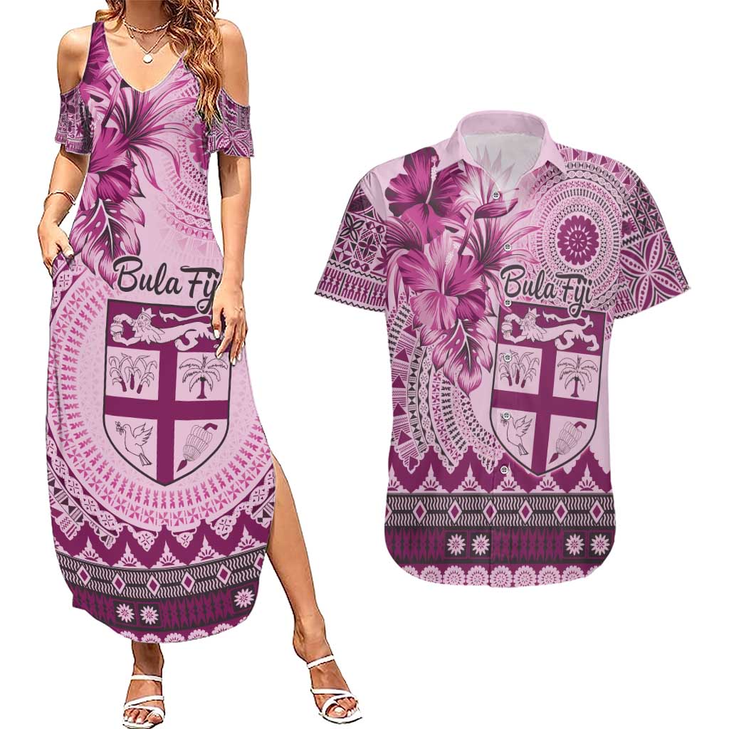 Vintage Bula Fiji Personalised Couples Matching Summer Maxi Dress and Hawaiian Shirt Pink Hibiscus Tapa Pattern