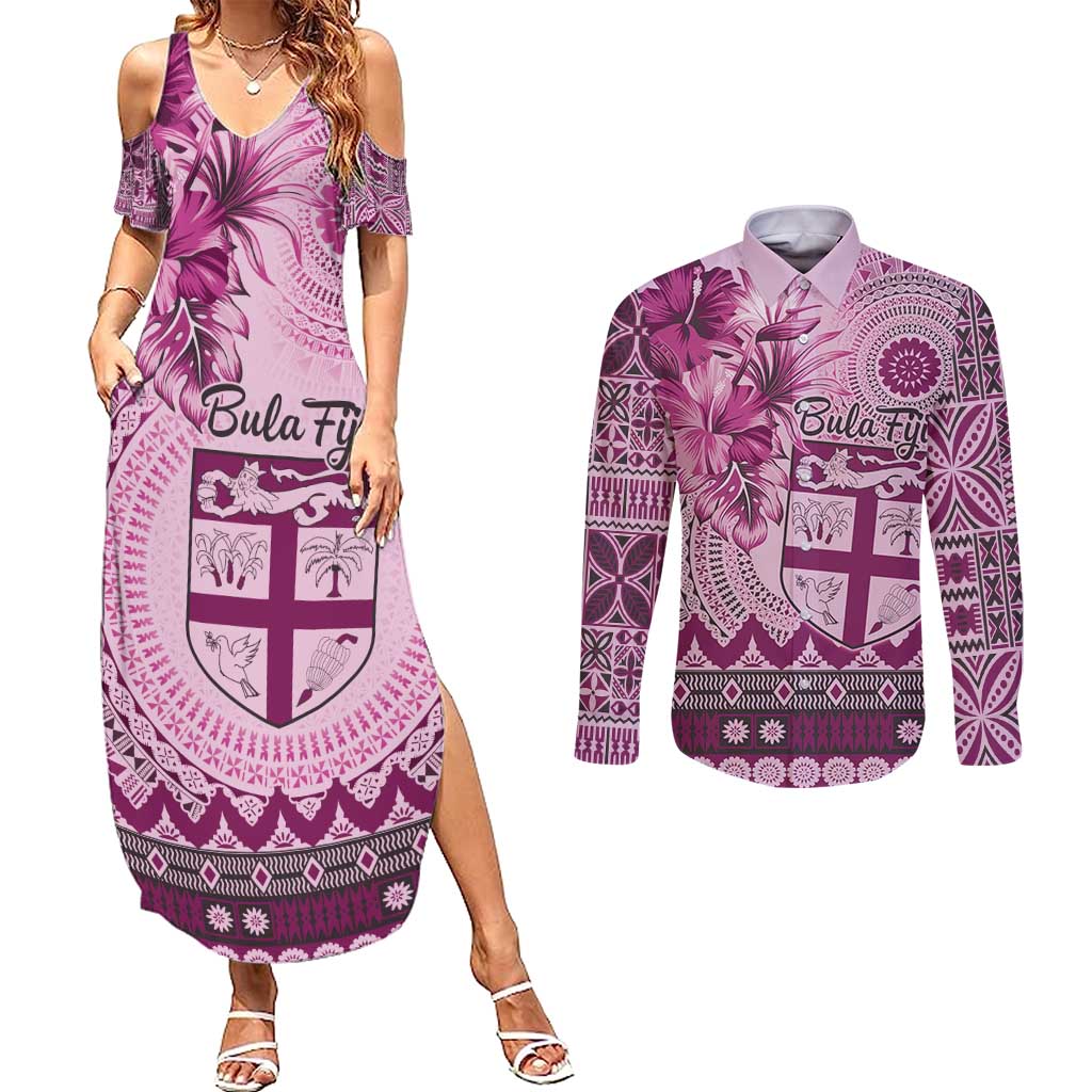 Vintage Bula Fiji Personalised Couples Matching Summer Maxi Dress and Long Sleeve Button Shirt Pink Hibiscus Tapa Pattern