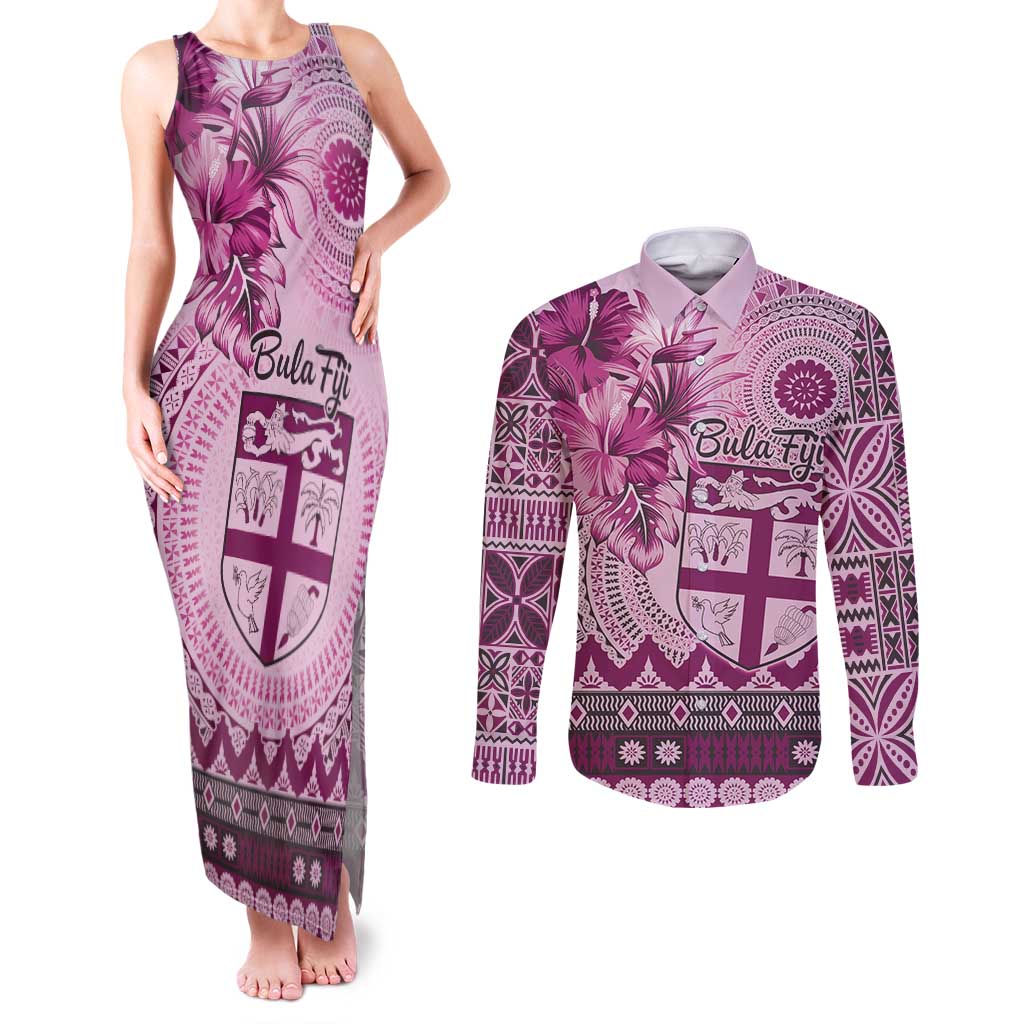 Vintage Bula Fiji Personalised Couples Matching Tank Maxi Dress and Long Sleeve Button Shirt Pink Hibiscus Tapa Pattern