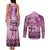 Vintage Bula Fiji Personalised Couples Matching Tank Maxi Dress and Long Sleeve Button Shirt Pink Hibiscus Tapa Pattern