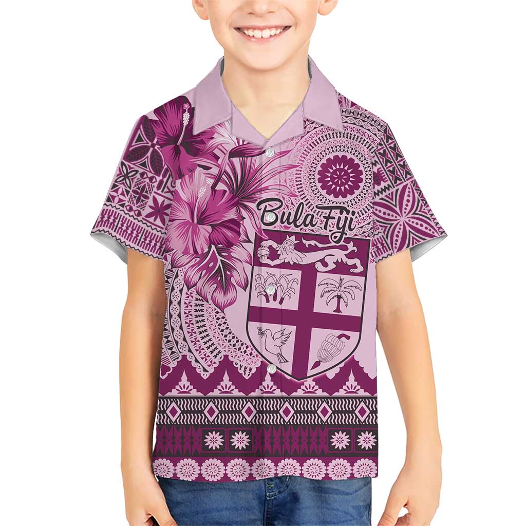 Vintage Bula Fiji Personalised Kid Hawaiian Shirt Pink Hibiscus Tapa Pattern LT9 Kid Pink - Polynesian Pride