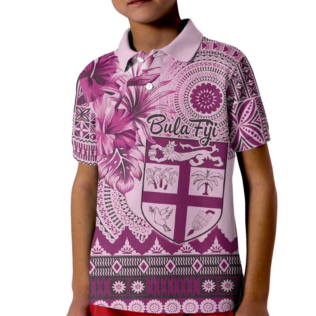 Vintage Bula Fiji Personalised Kid Polo Shirt Pink Hibiscus Tapa Pattern LT9 Kid Pink - Polynesian Pride