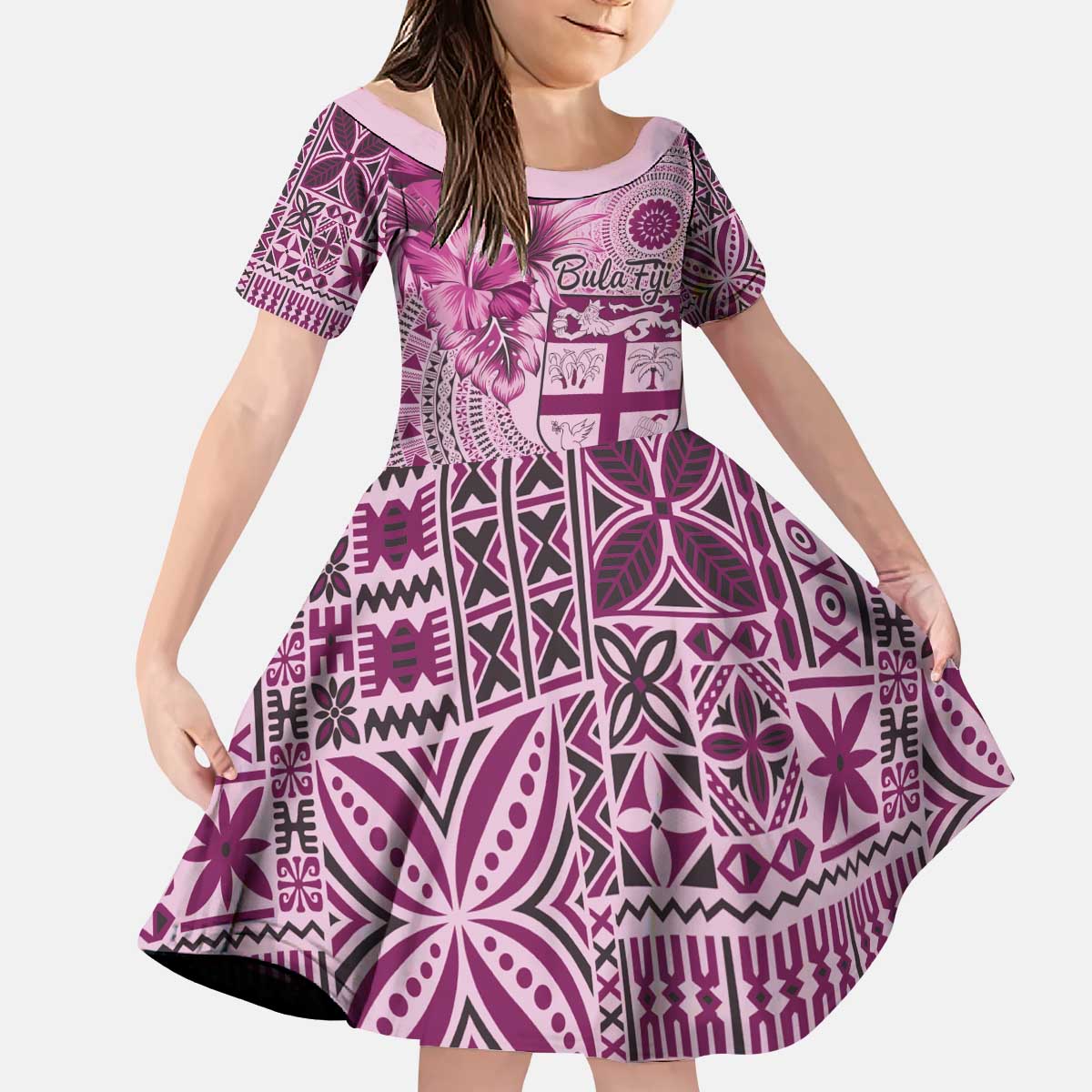 Vintage Bula Fiji Personalised Kid Short Sleeve Dress Pink Hibiscus Tapa Pattern LT9 KID Pink - Polynesian Pride