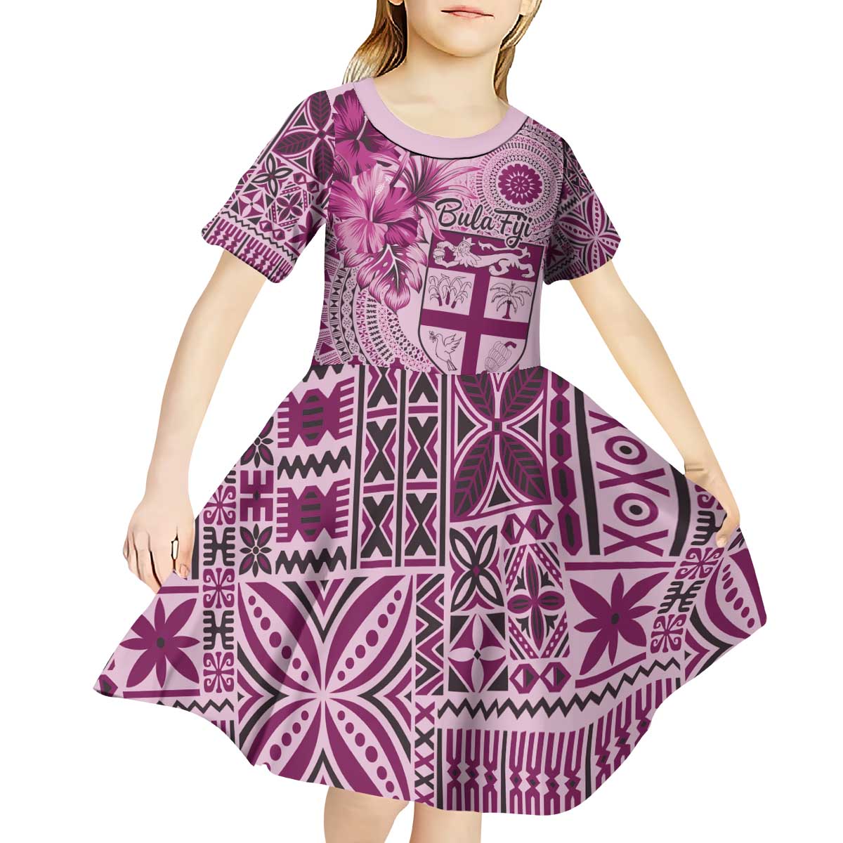 Vintage Bula Fiji Personalised Kid Short Sleeve Dress Pink Hibiscus Tapa Pattern LT9 - Polynesian Pride