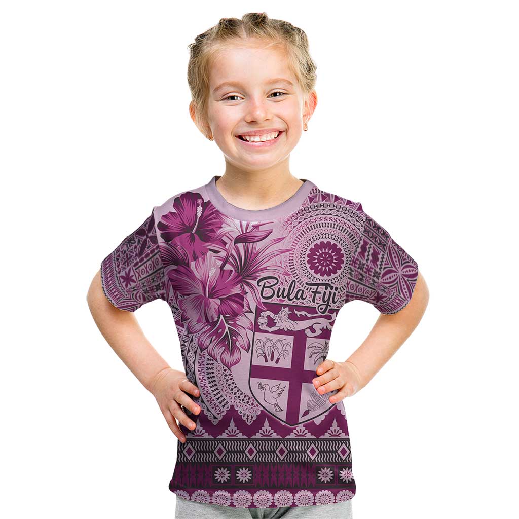 Vintage Bula Fiji Personalised Kid T Shirt Pink Hibiscus Tapa Pattern LT9 Pink - Polynesian Pride
