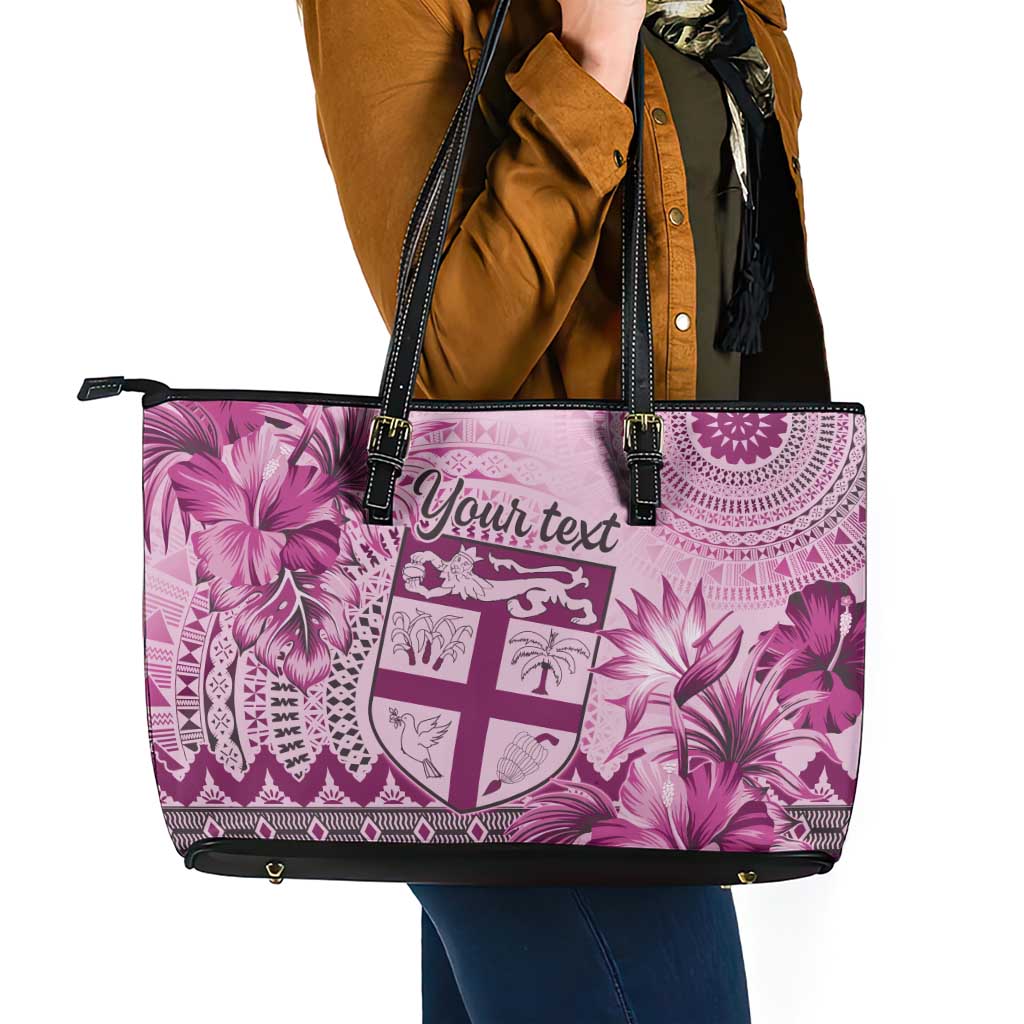Vintage Bula Fiji Personalised Leather Tote Bag Pink Hibiscus Tapa Pattern LT9 - Polynesian Pride