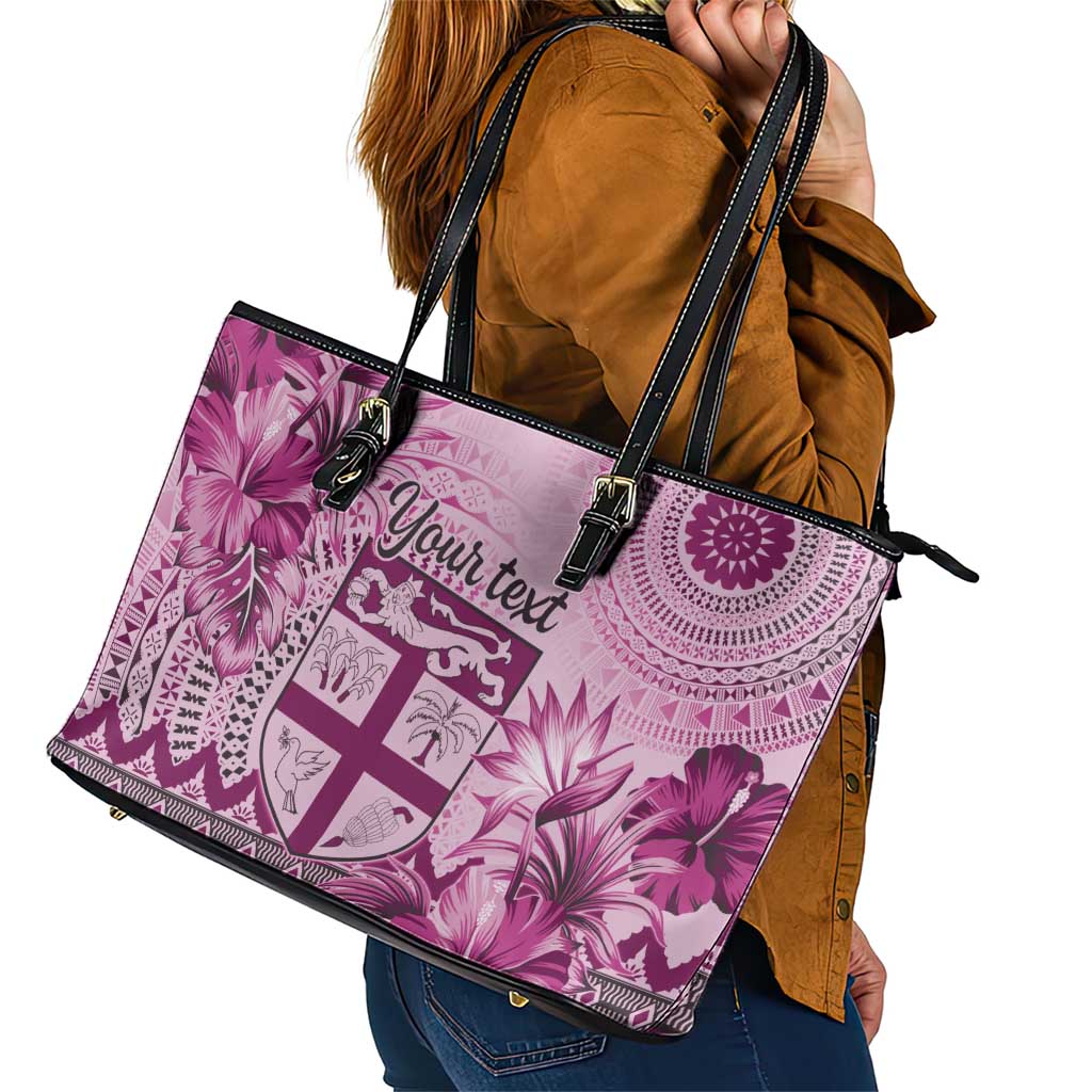 Vintage Bula Fiji Personalised Leather Tote Bag Pink Hibiscus Tapa Pattern LT9 - Polynesian Pride