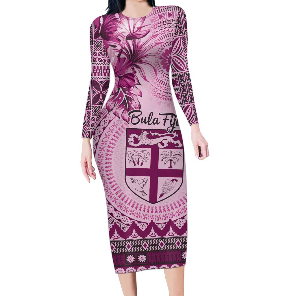 Vintage Bula Fiji Personalised Long Sleeve Bodycon Dress Pink Hibiscus Tapa Pattern