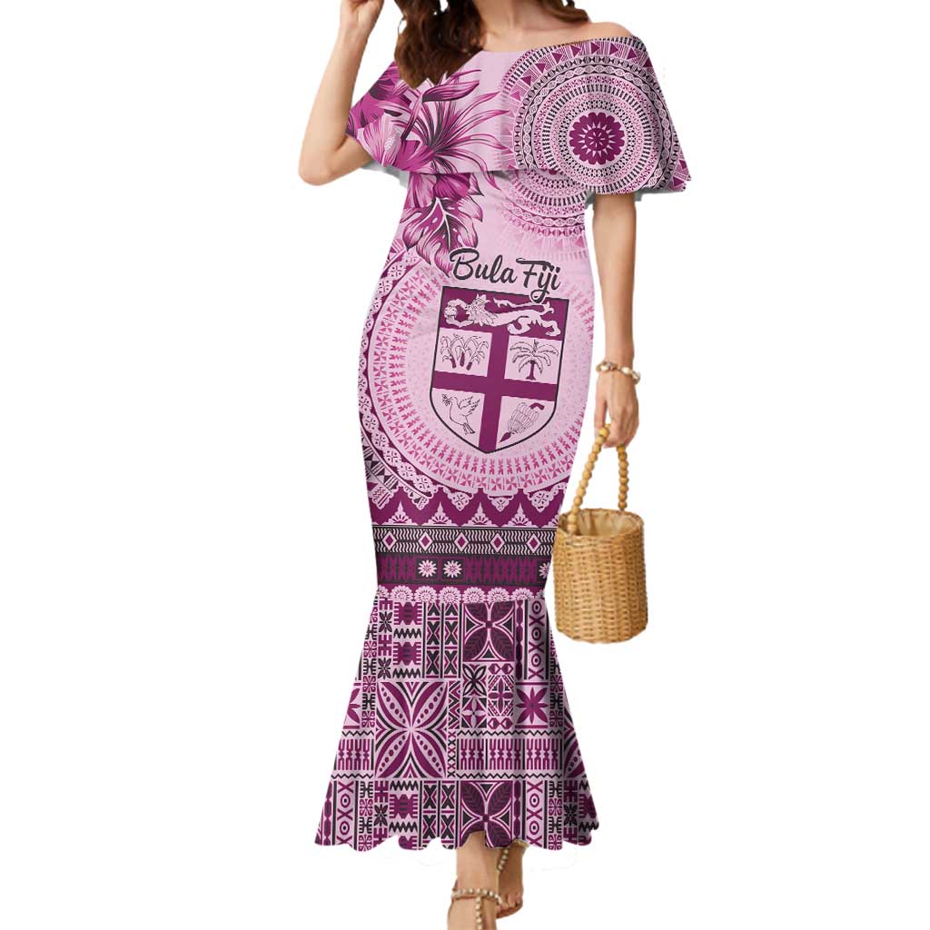 Vintage Bula Fiji Personalised Mermaid Dress Pink Hibiscus Tapa Pattern LT9 Women Pink - Polynesian Pride