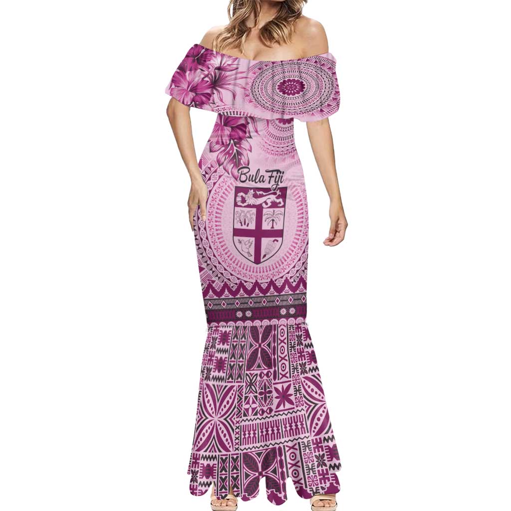 Vintage Bula Fiji Personalised Mermaid Dress Pink Hibiscus Tapa Pattern LT9 - Polynesian Pride