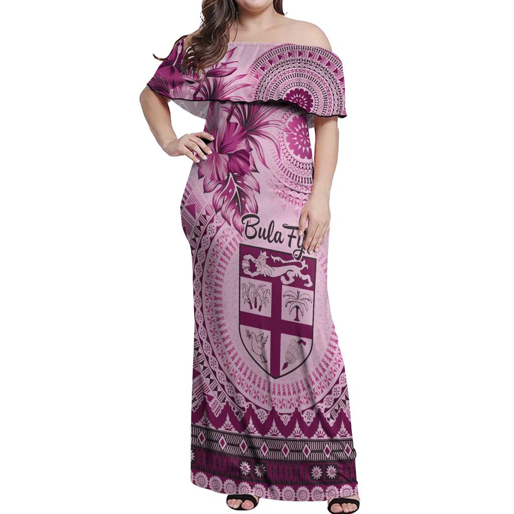 Vintage Bula Fiji Personalised Off Shoulder Maxi Dress Pink Hibiscus Tapa Pattern LT9 Women Pink - Polynesian Pride