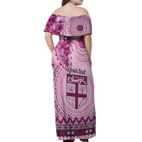 Vintage Bula Fiji Personalised Off Shoulder Maxi Dress Pink Hibiscus Tapa Pattern LT9 - Polynesian Pride