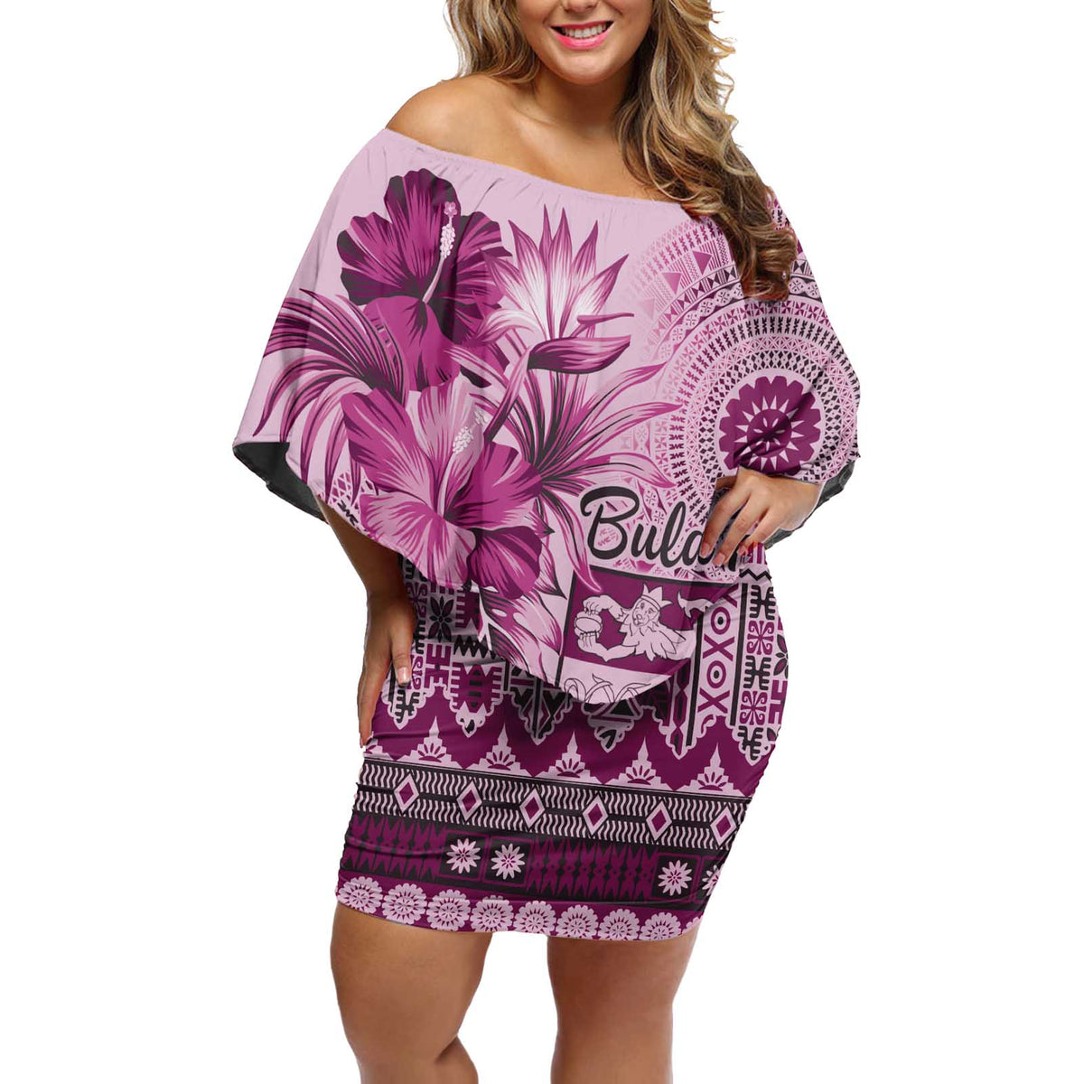 Vintage Bula Fiji Personalised Off Shoulder Short Dress Pink Hibiscus Tapa Pattern LT9 Women Pink - Polynesian Pride