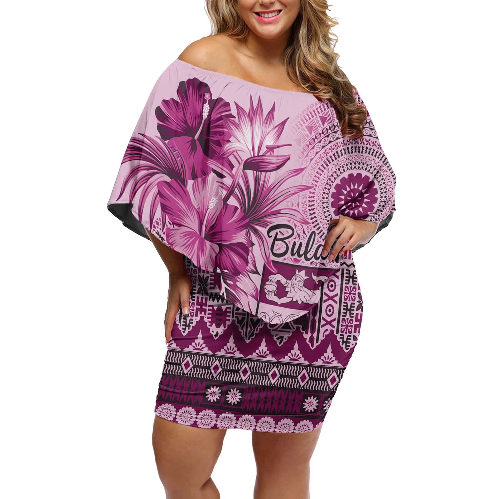 Vintage Bula Fiji Personalised Off Shoulder Short Dress Pink Hibiscus Tapa Pattern LT9 Women Pink - Polynesian Pride