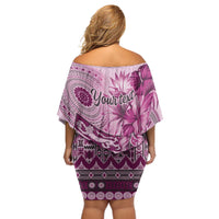 Vintage Bula Fiji Personalised Off Shoulder Short Dress Pink Hibiscus Tapa Pattern LT9 - Polynesian Pride