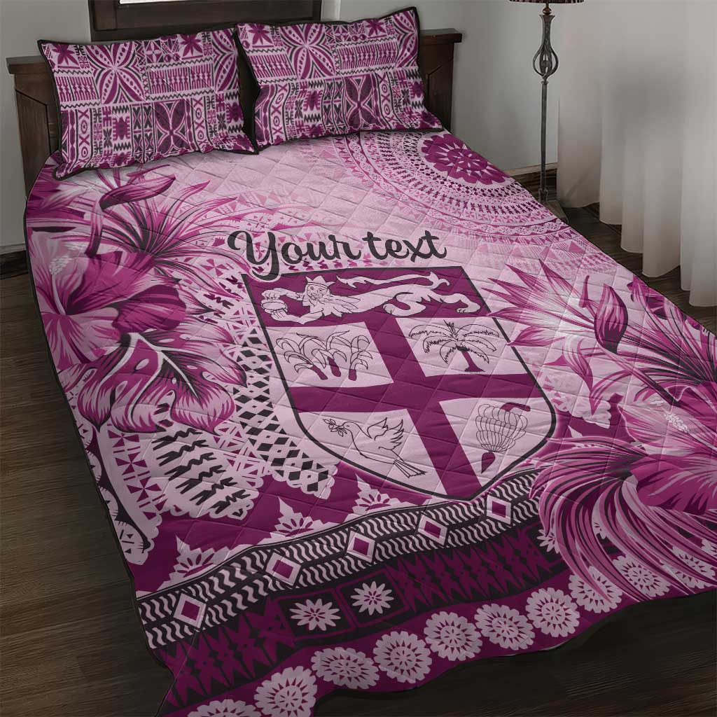 Vintage Bula Fiji Personalised Quilt Bed Set Pink Hibiscus Tapa Pattern LT9 Pink - Polynesian Pride