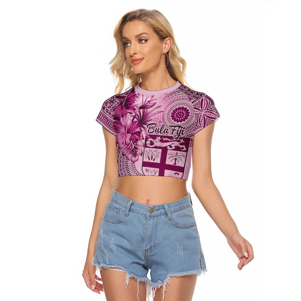 Vintage Bula Fiji Personalised Raglan Cropped T Shirt Pink Hibiscus Tapa Pattern LT9 Female Pink - Polynesian Pride