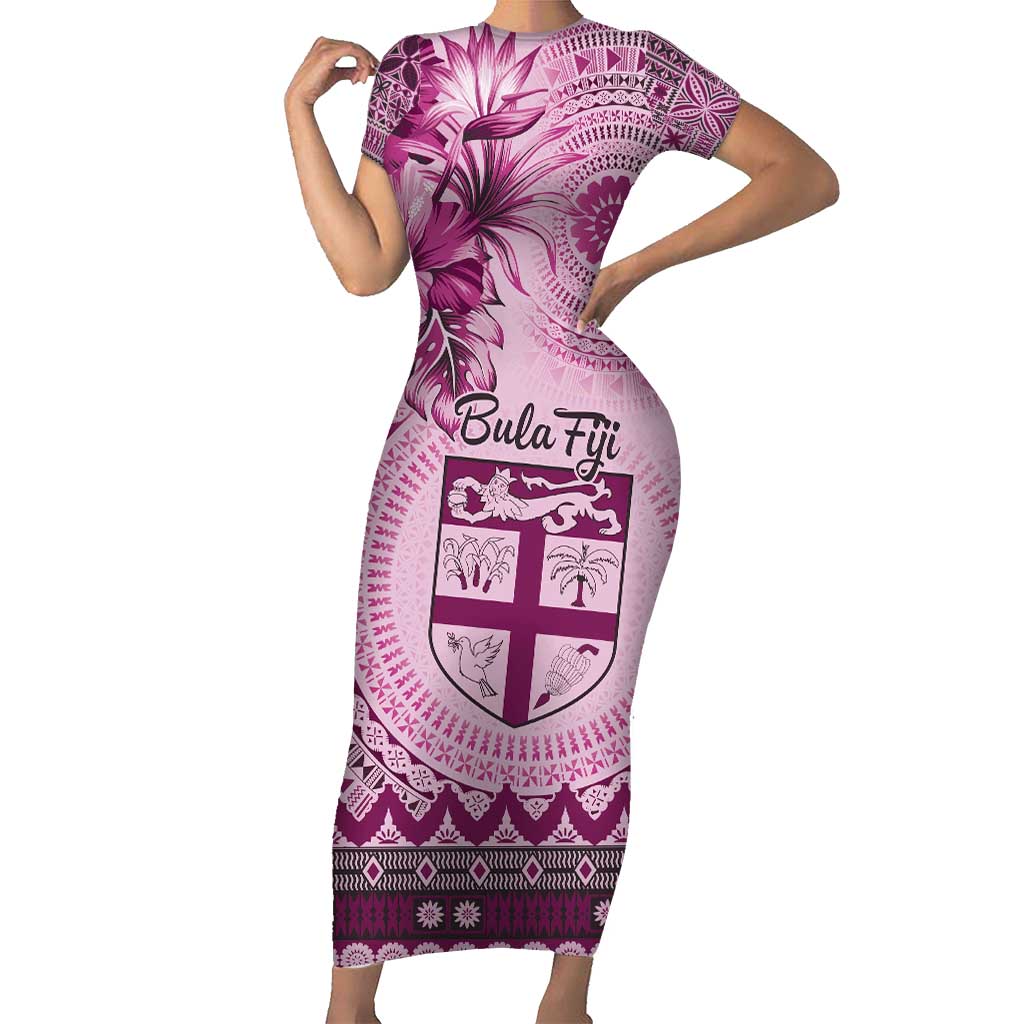 Vintage Bula Fiji Personalised Short Sleeve Bodycon Dress Pink Hibiscus Tapa Pattern LT9 Long Dress Pink - Polynesian Pride