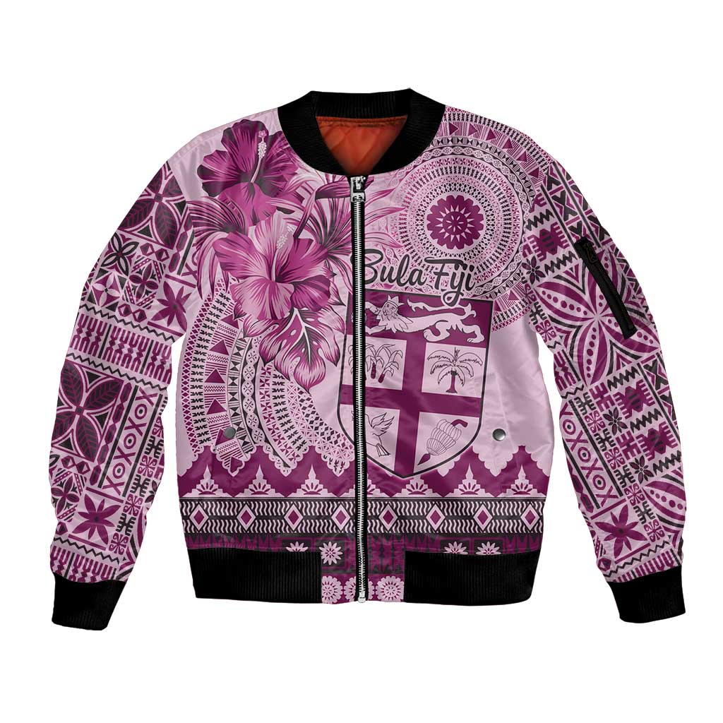Vintage Bula Fiji Personalised Sleeve Zip Bomber Jacket Pink Hibiscus Tapa Pattern LT9 Unisex Pink - Polynesian Pride