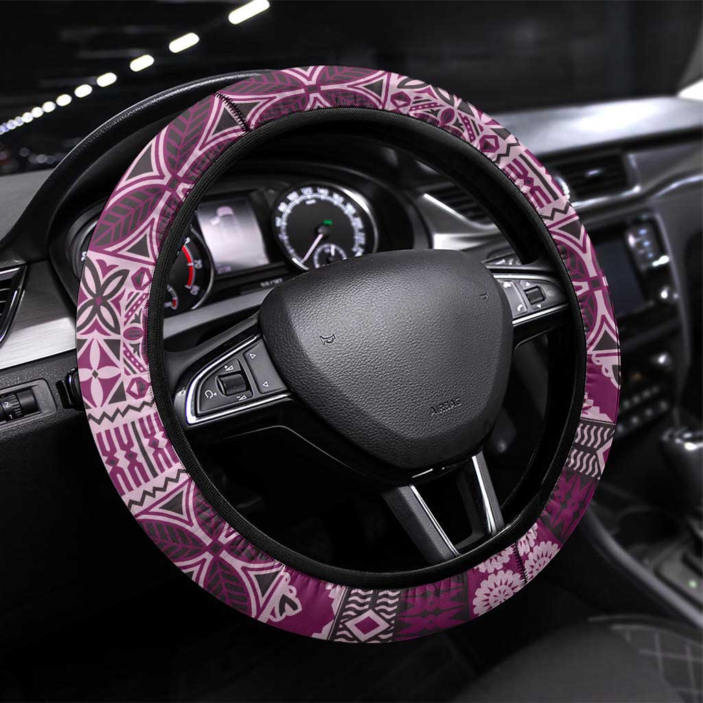 Vintage Bula Fiji Personalised Steering Wheel Cover Pink Hibiscus Tapa Pattern LT9 Universal Fit Pink - Polynesian Pride