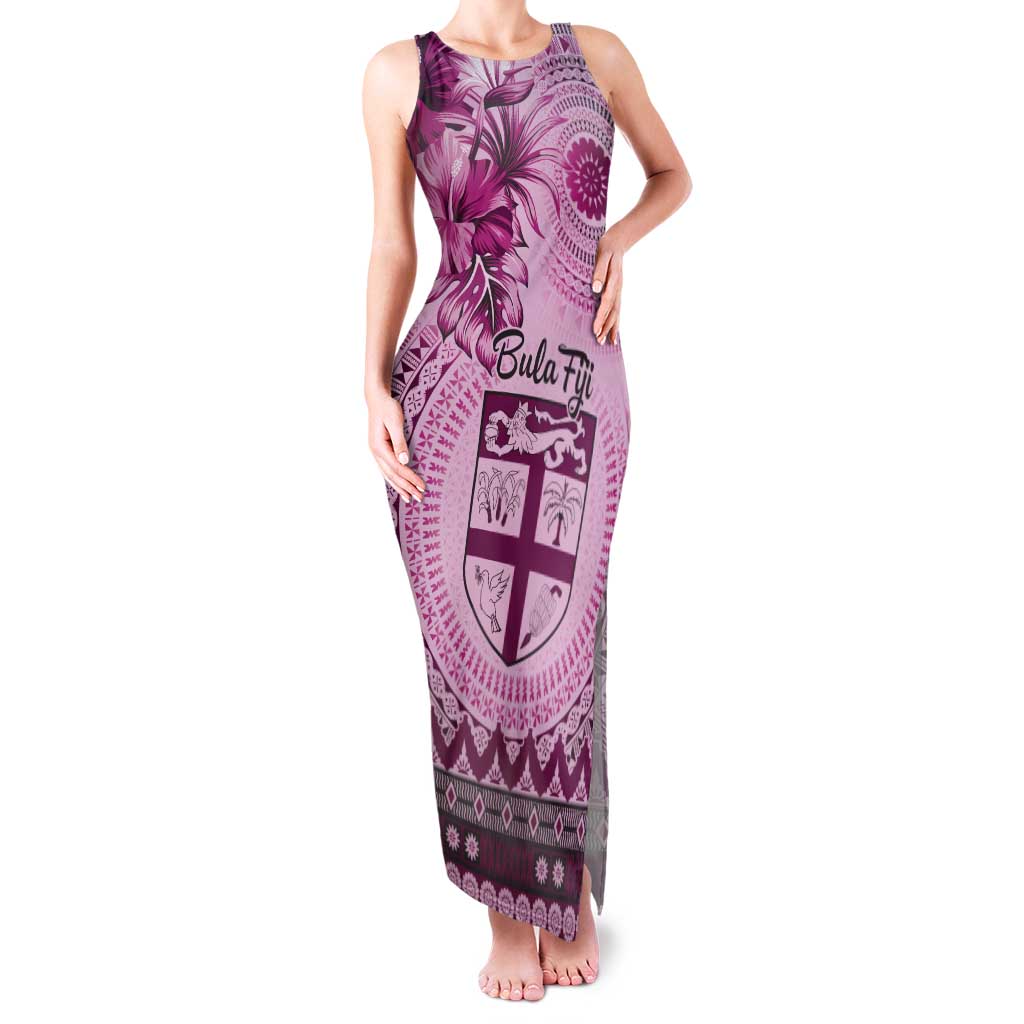 Vintage Bula Fiji Personalised Tank Maxi Dress Pink Hibiscus Tapa Pattern