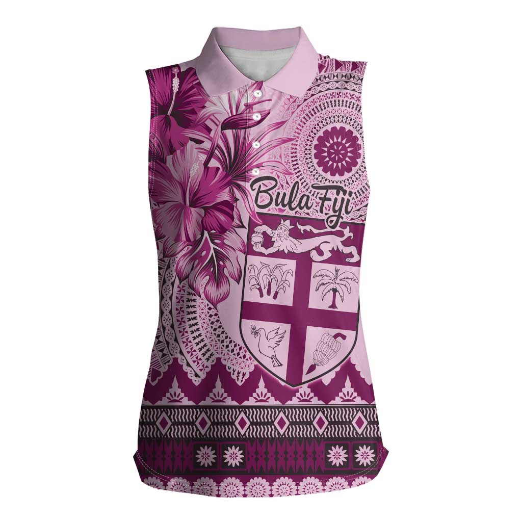 Vintage Bula Fiji Personalised Women Sleeveless Polo Shirt Pink Hibiscus Tapa Pattern