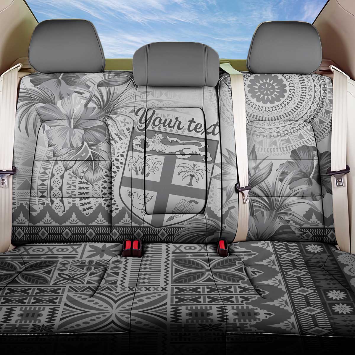 Vintage Bula Fiji Personalised Back Car Seat Cover Beige Hibiscus Tapa Pattern LT9 One Size White - Polynesian Pride