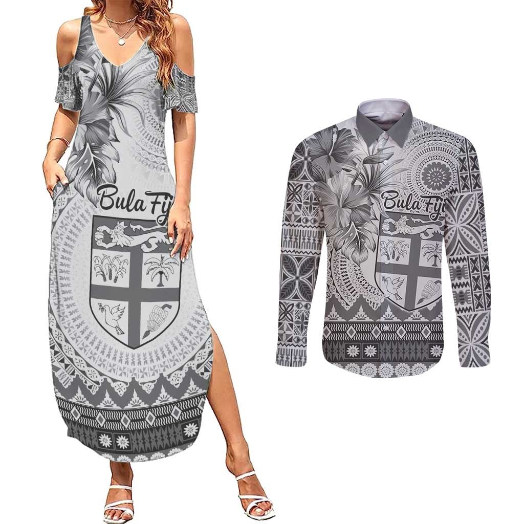 Vintage Bula Fiji Personalised Couples Matching Summer Maxi Dress and Long Sleeve Button Shirt Beige Hibiscus Tapa Pattern LT9 White - Polynesian Pride