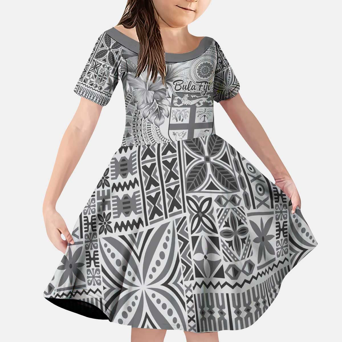 Vintage Bula Fiji Personalised Kid Short Sleeve Dress Beige Hibiscus Tapa Pattern LT9 KID White - Polynesian Pride