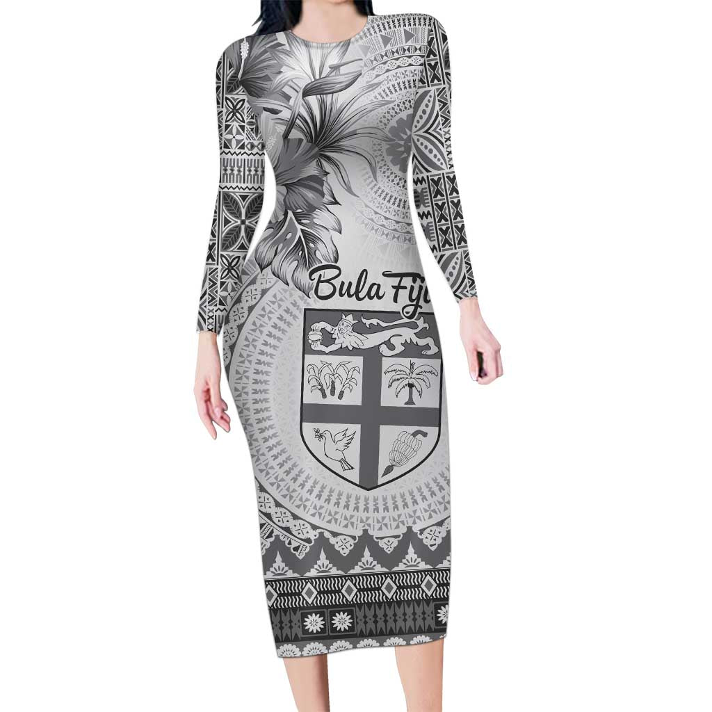 Vintage Bula Fiji Personalised Long Sleeve Bodycon Dress Beige Hibiscus Tapa Pattern LT9 Long Dress White - Polynesian Pride