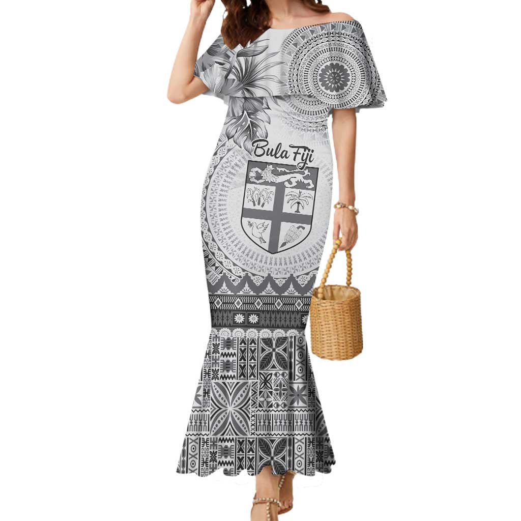 Vintage Bula Fiji Personalised Mermaid Dress Beige Hibiscus Tapa Pattern LT9 Women White - Polynesian Pride