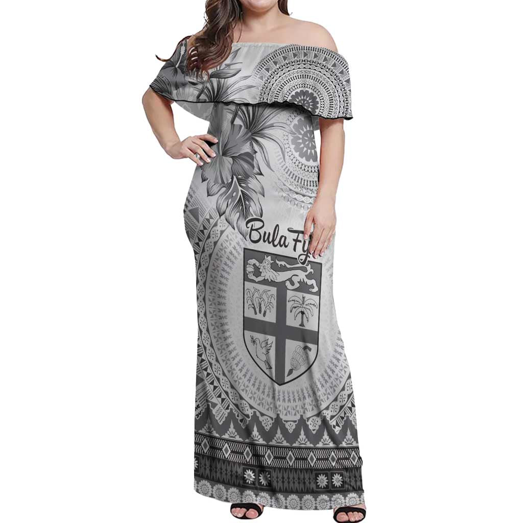 Vintage Bula Fiji Personalised Off Shoulder Maxi Dress Beige Hibiscus Tapa Pattern LT9 Women White - Polynesian Pride