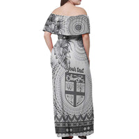 Vintage Bula Fiji Personalised Off Shoulder Maxi Dress Beige Hibiscus Tapa Pattern LT9 - Polynesian Pride