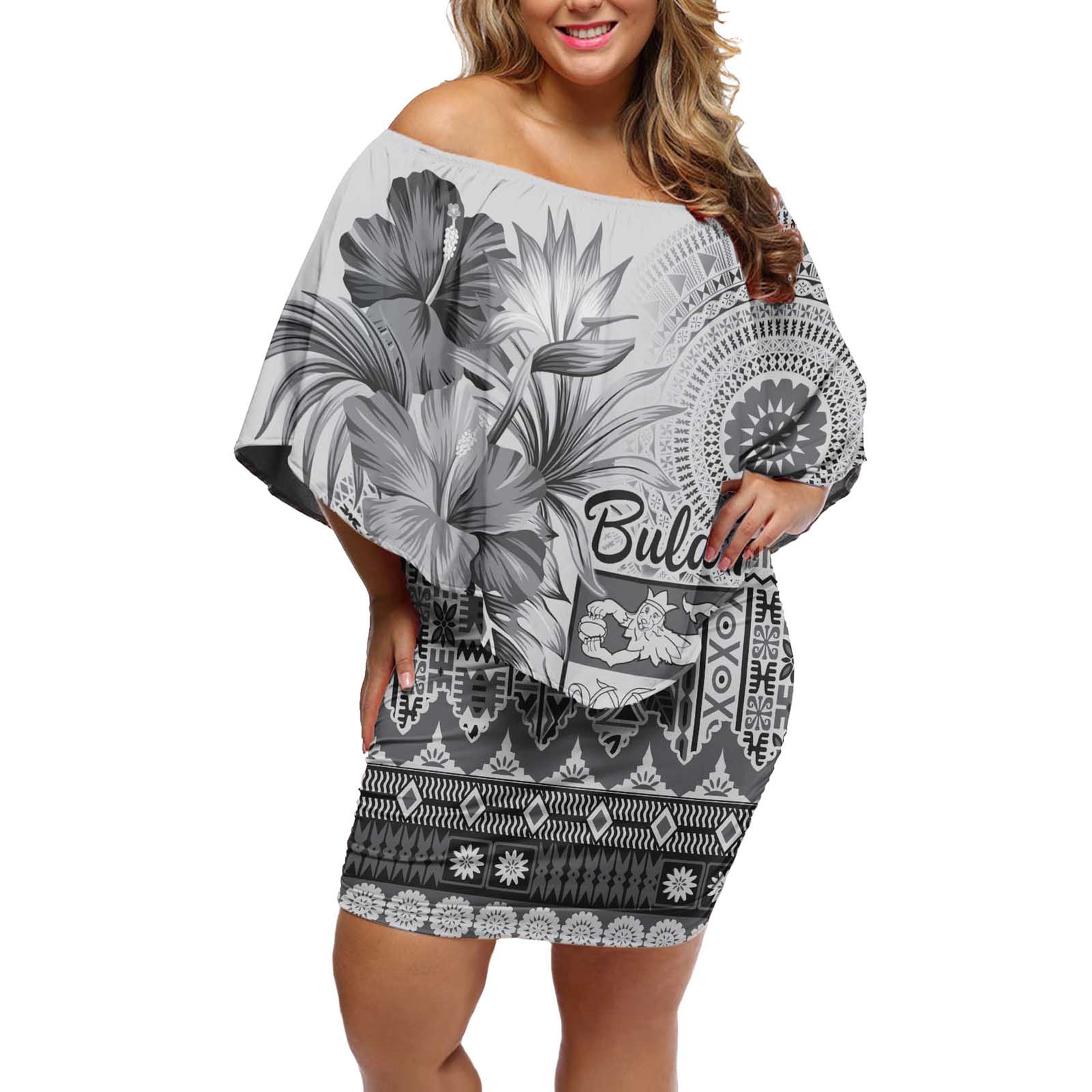Vintage Bula Fiji Personalised Off Shoulder Short Dress Beige Hibiscus Tapa Pattern LT9 Women White - Polynesian Pride