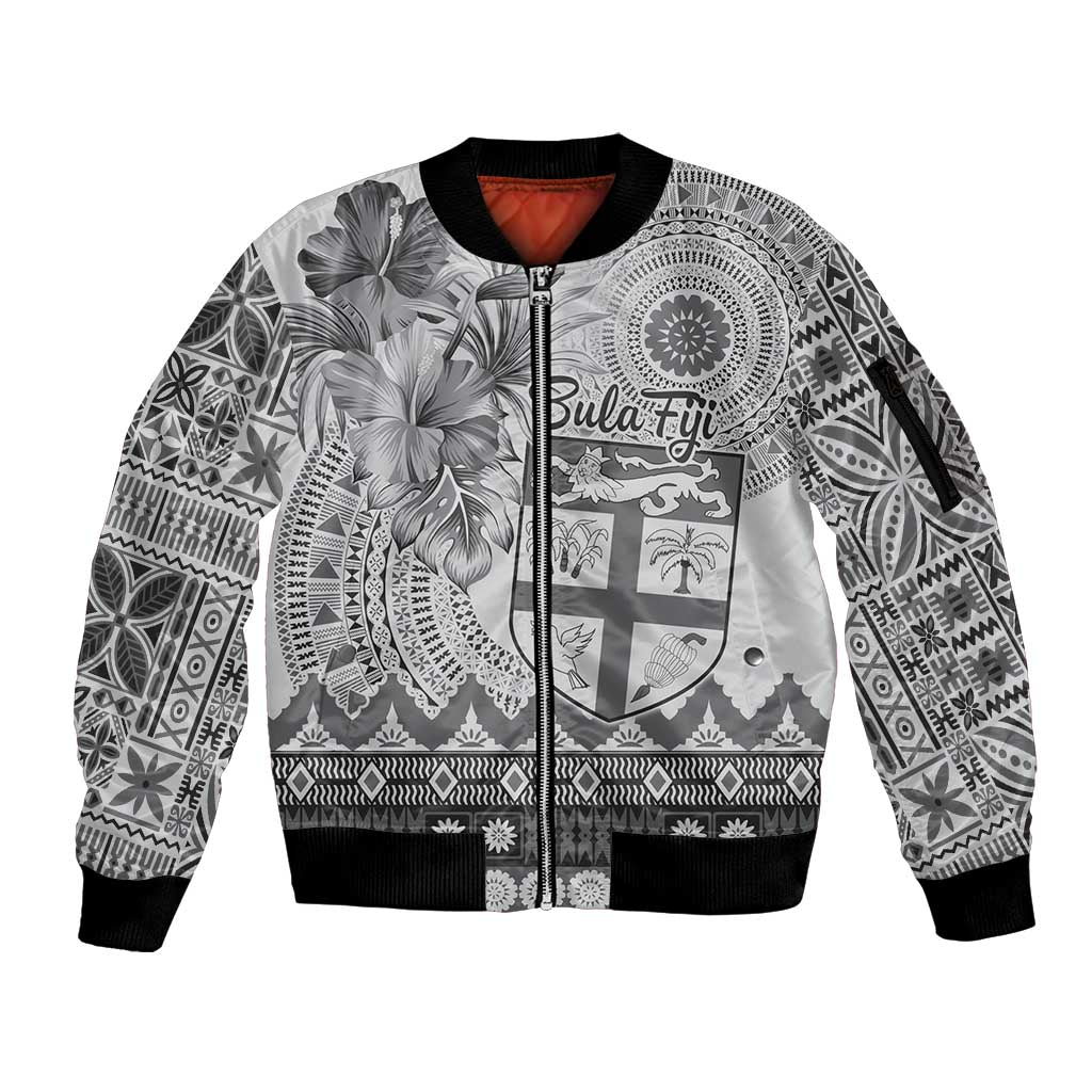 Vintage Bula Fiji Personalised Sleeve Zip Bomber Jacket Beige Hibiscus Tapa Pattern LT9 Unisex White - Polynesian Pride