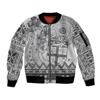 Vintage Bula Fiji Personalised Sleeve Zip Bomber Jacket Beige Hibiscus Tapa Pattern LT9 Unisex White - Polynesian Pride