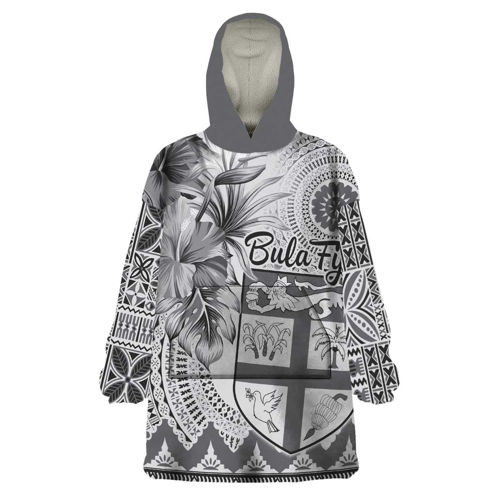 Vintage Bula Fiji Personalised Wearable Blanket Hoodie Beige Hibiscus Tapa Pattern LT9 One Size White - Polynesian Pride